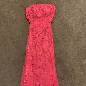 Coral Beaded Strapless Prom Dress